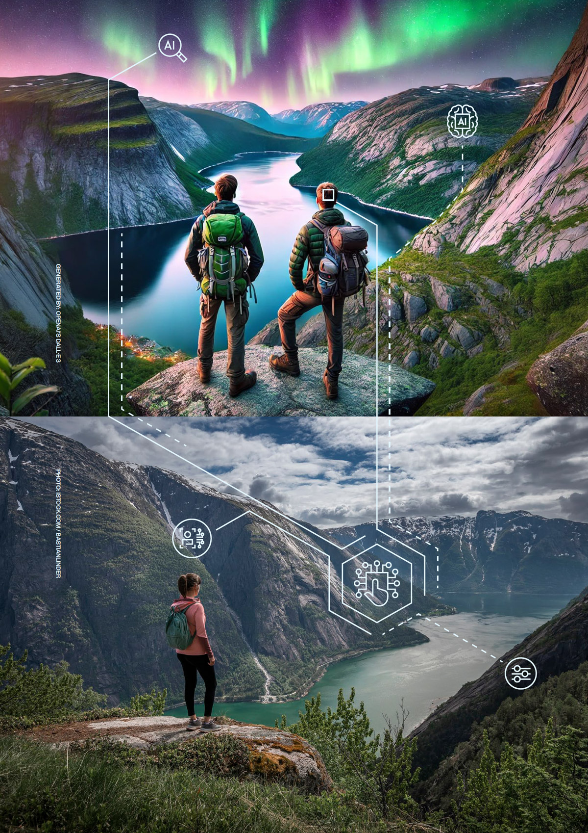 With the fast development of AI-tools, it’s sometimes hard to separate reality from fiction. During the summer of 2024 AI-generated images gave a false impression of Norwegian scenery. For the record, the top image is AI-generated, whereas the bottom image is a photograph.